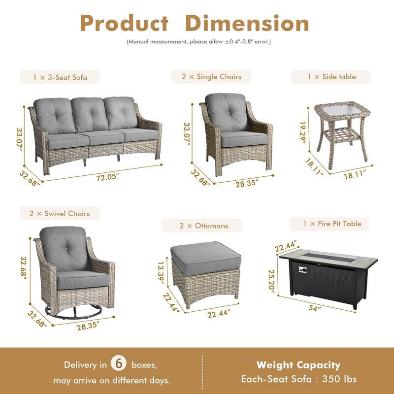 HOOOWOOO 9-piece Rattan Outdoor High Backrest Swivel Chair Set with 54"Fire Pit