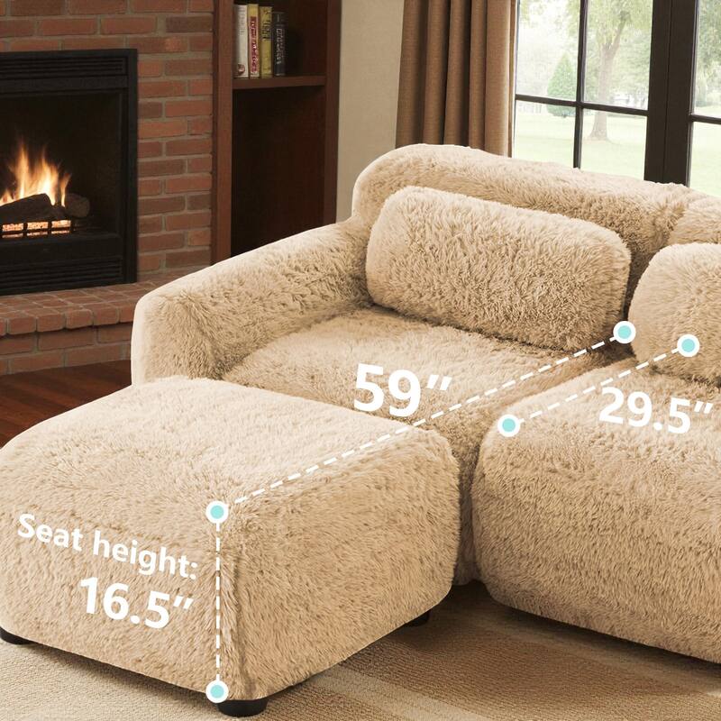 2-Seater Modular Plush Sofa with Fluffy Upholstery, Anti-Slip Base, 32D High-Density Sponge & No-Assembly Design