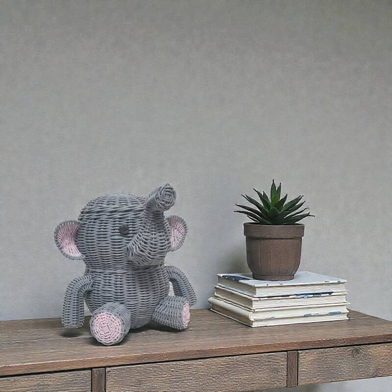 Large Gray Elephant Rattan Storage Basket With Lid Hand Woven Shelf Organizer Handmade Gift Wicker