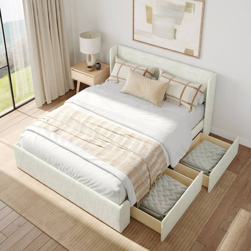 Plank and Beam Queen-Size Upholstered Bed with Rectangular Headboard
