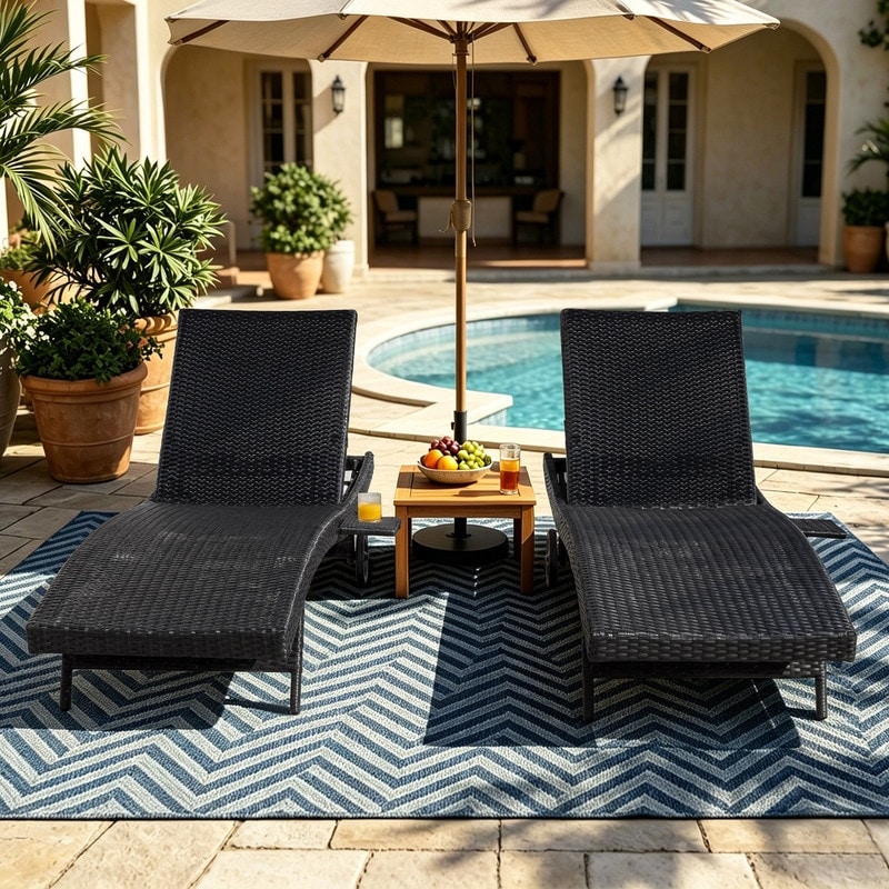 Outdoor Wicker Chaise Lounge Chairs Set of 2 with Adjustable Backrest and Moving Wheels for Relaxing