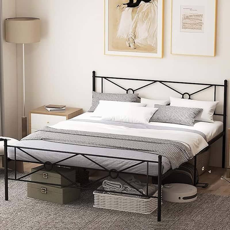 Queen Size Metal Platform Bed Frame w/ Headboard Mattress Foundation