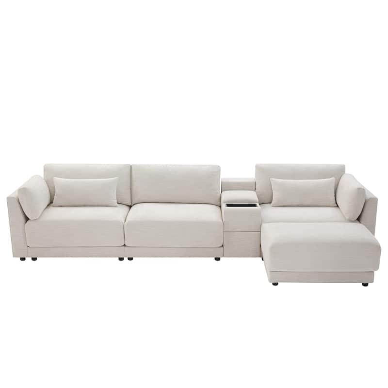 124'' Modular Sectional Sofa with Storage Console and Movable Ottoman, 4-Seat, Chenille, Beige