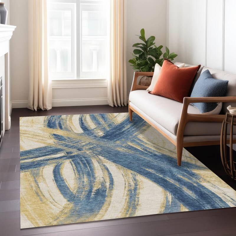 Machine Washable Indoor/ Outdoor Abstract Brushstroke Chantille Rug