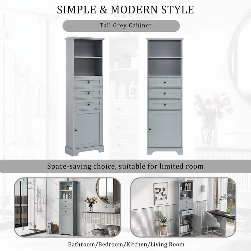 Tall Storage Cabinet with 3 Drawers and Adjustable Shelves for Bathroom