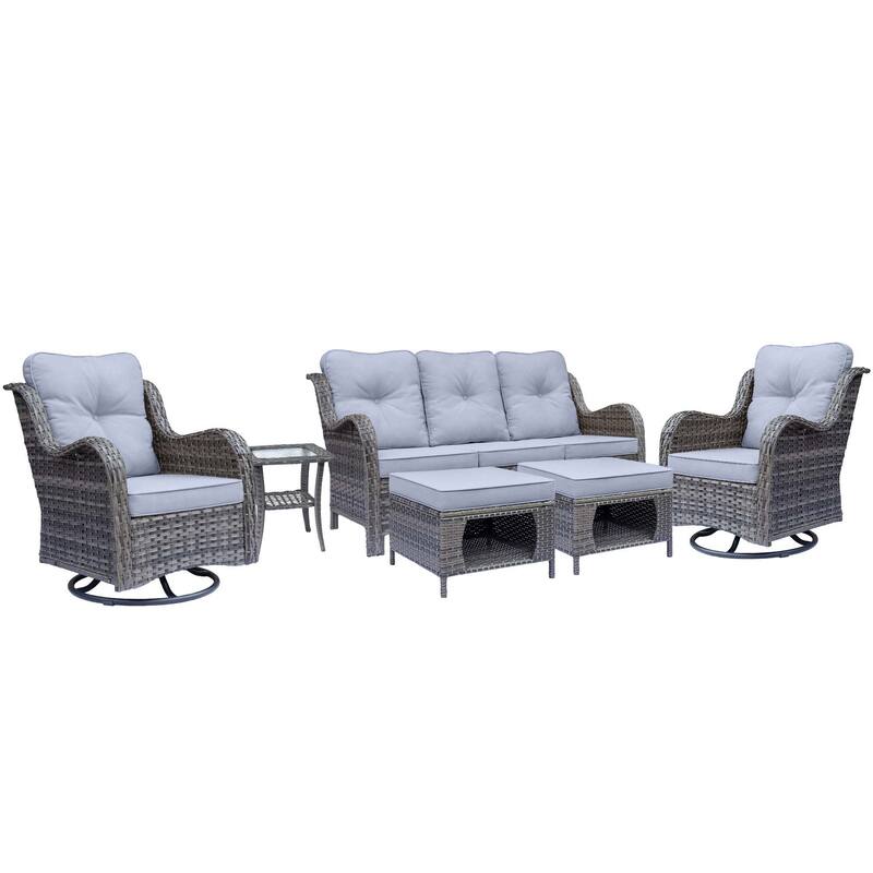 6 Piece Outdoor Wicker Patio Conversation Sofa Sets with Swivel Chairs