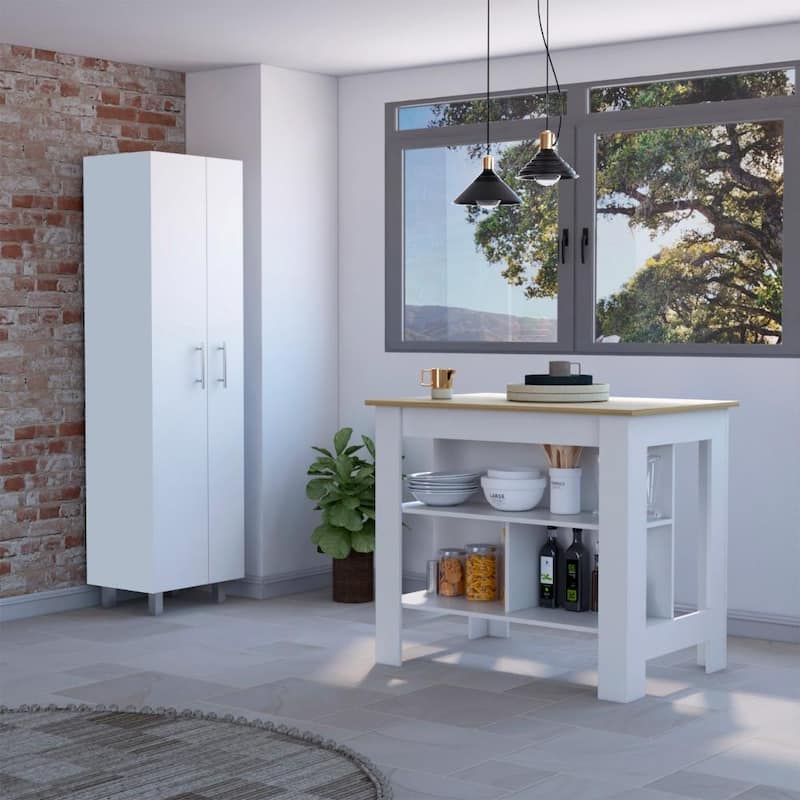 Hayne 9-Shelf 2-Door 2-piece Kitchen Set, Kitchen Island and Pantry White and Walnut - Cream