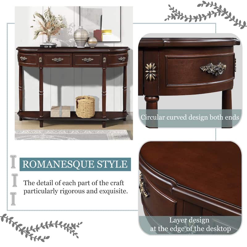 Anmytek Retro Curved Wood Console Table, Navy Blue Wood Top Solid Wood Entry Table with Open Shelf and 2 Drawers