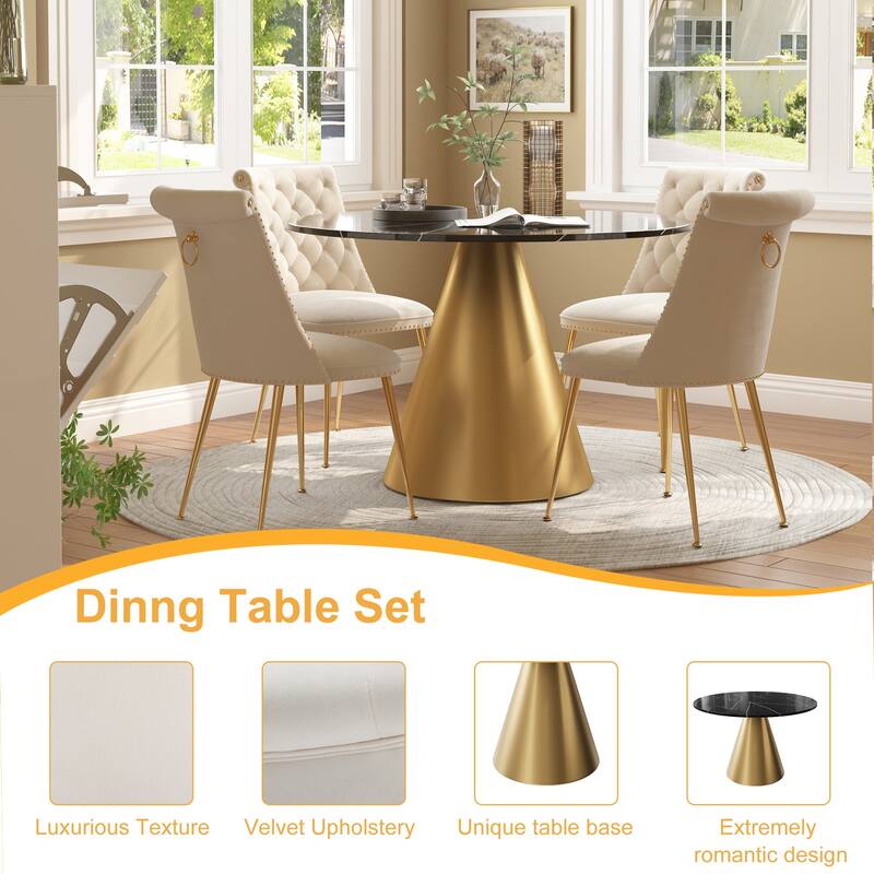 48" Marble Top Metal Dining Table with Velvet Dining Chair Set