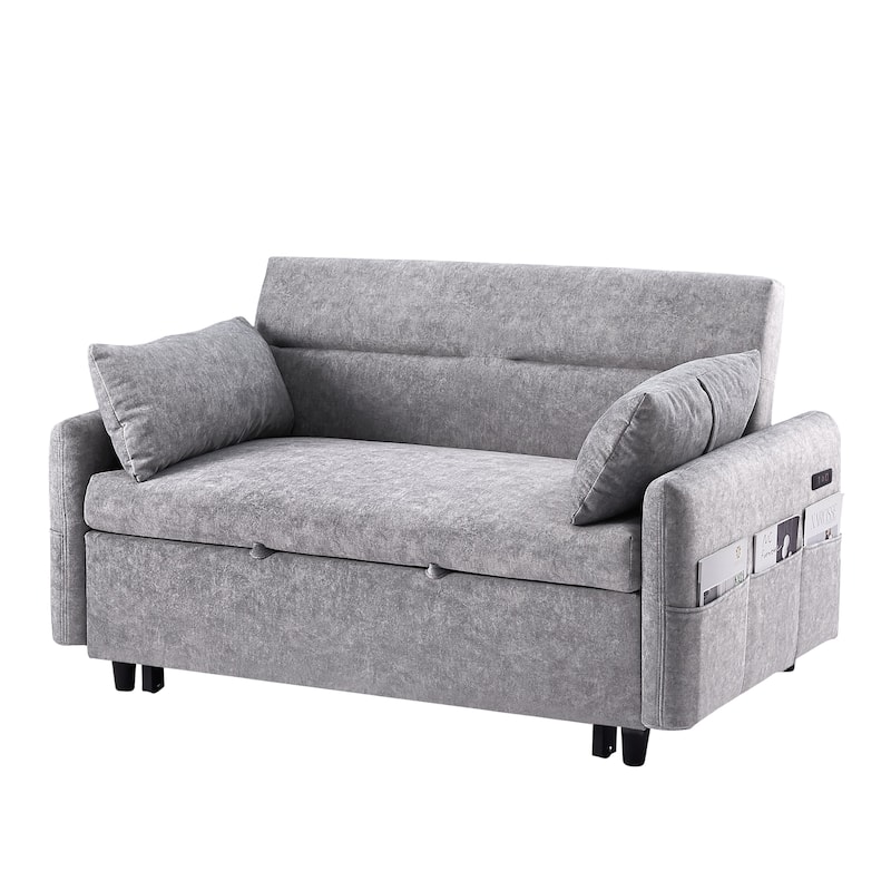 3-in-1 Pull Out Sofa Bed, Couch Bed with Adjsutable Back and Storage Pockets, 2 Seater Sofa with 2 Soft Pillows and USB Ports