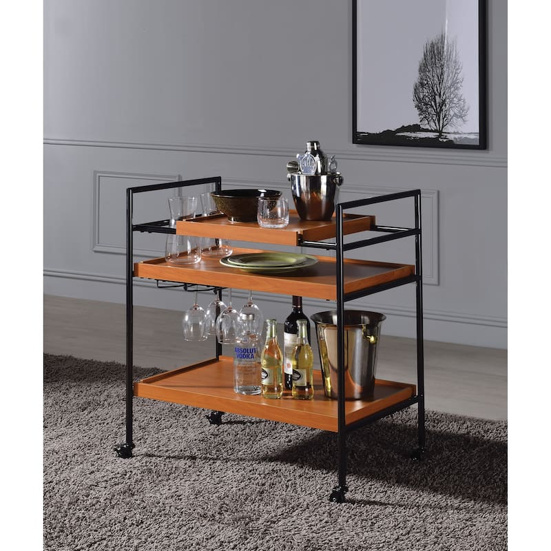 Honey Oak and Black Serving Cart with Stemware Rack