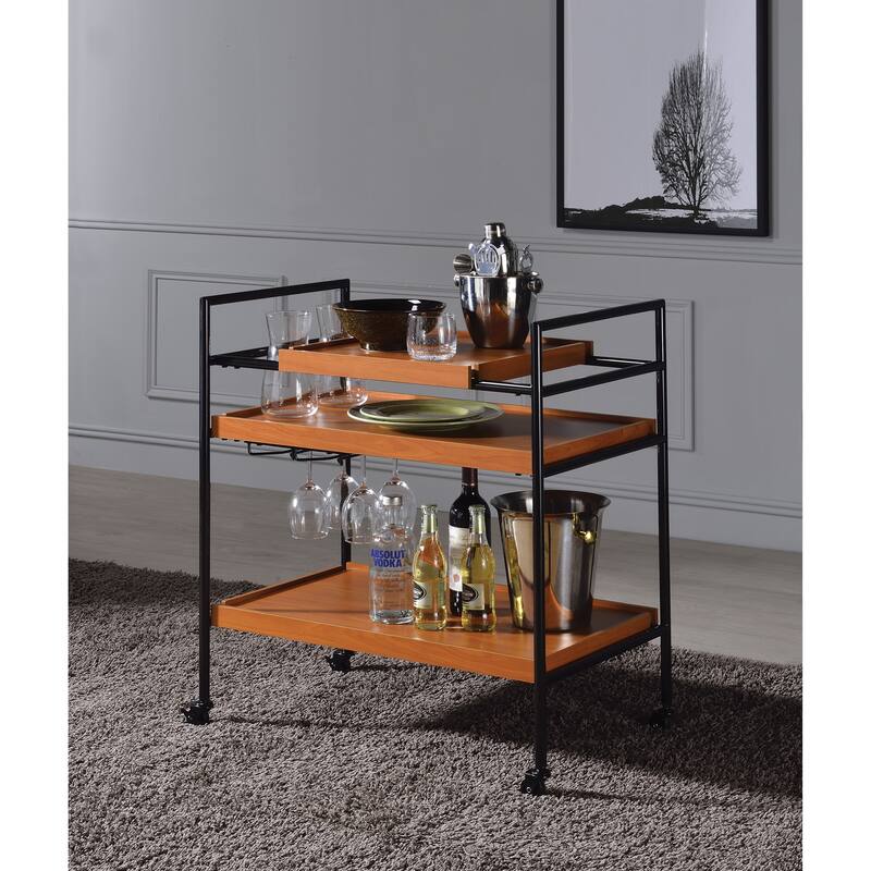 Honey Oak and Black Serving cart with Stemware Rack