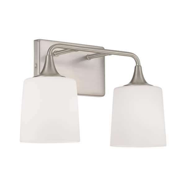 slide 2 of 13, Presley 2-light Bath/ Vanity Fixture w/ Soft White Glass Brushed Nickel