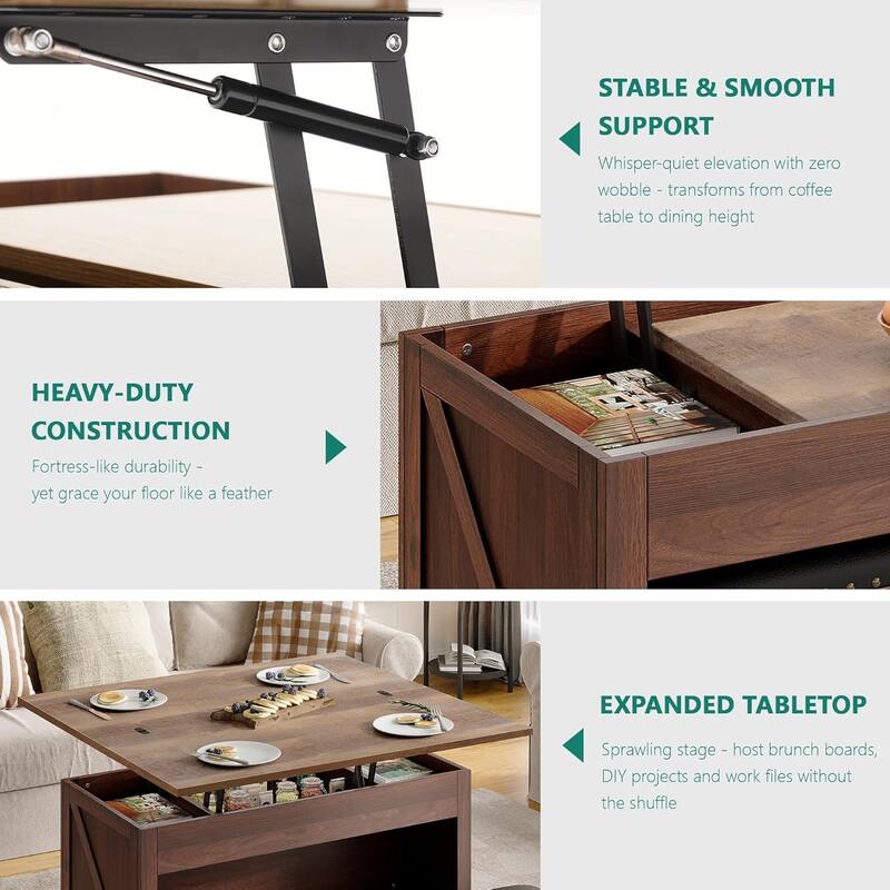 Moasis Farmhouse Lift-Top Coffee Table Dinning Center Table with Storage Ottoman Bench Set