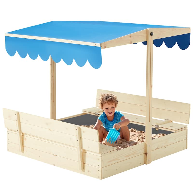 EROMMY Kids Wooden Sandbox with 2 Foldable Bench Seats and Adjustable Canopy Roof