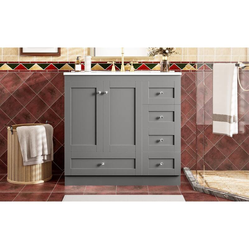 GDFStudio - Vega Wood & Ceramic 36" Shaker Style Bathroom Vanity with Sink, 4 Drawers & 2 Doors