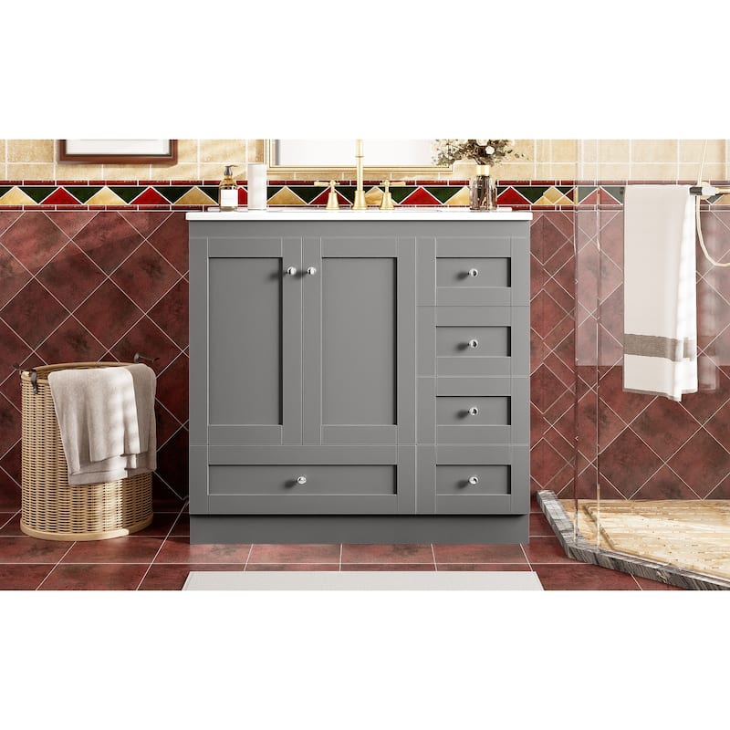 Roomfitters 36" Shaker Style Bathroom Vanity with Ceramic Sink, Free-Standing Cabinet, 4 Drawers & 2 Doors