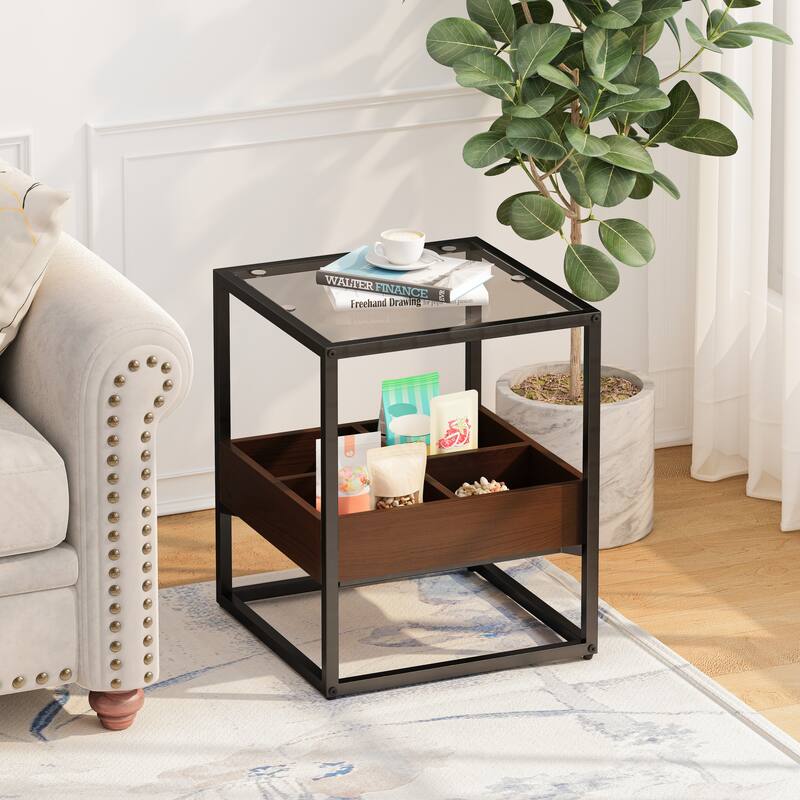 Glass Coffee Table with storage shelf and metal table legs - 17.72