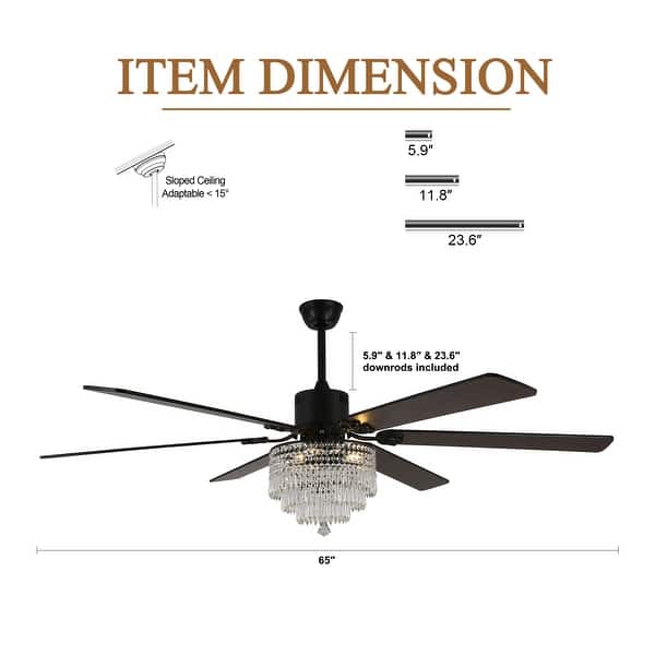 dimension image slide 0 of 2, Cusp Barn 65" Ceiling Fan with Light and Remote,Modern Gorgeous Crystal Light Fixture,Silent Reversible Motor Fan Light,6-Speeds
