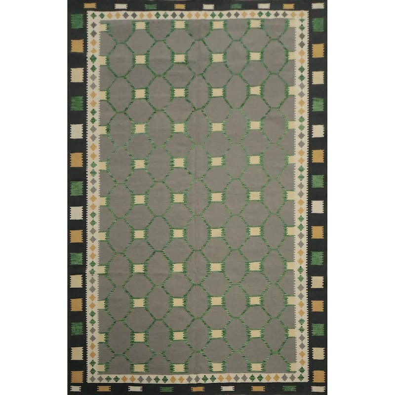 Hand Woven Oriental 100% Wool Carpet Southwestern Modern Greys & Charcoal Kilim Area Rug - 11' 5'' X 8' 4''