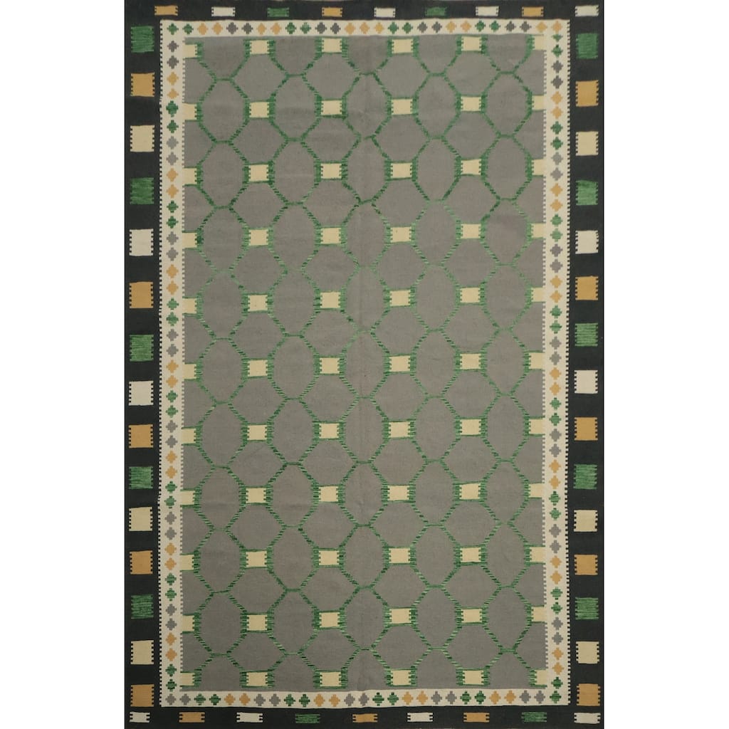 Hand Woven Oriental 100% Wool Carpet Southwestern Modern Greys & Charcoal Kilim Area Rug - 11' 5'' X 8' 4''