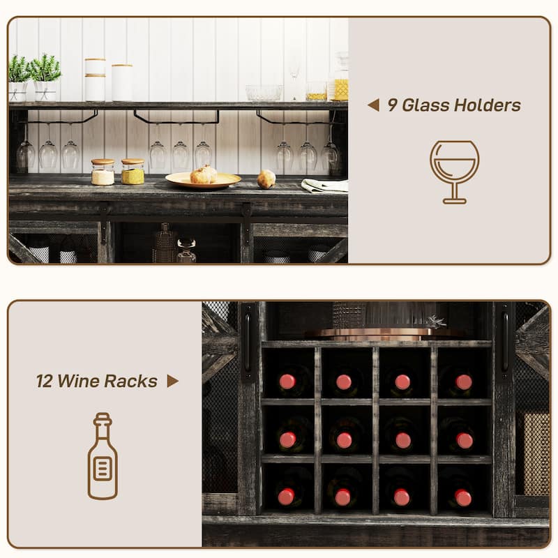 Farmhouse Coffee Bar Cabinet with LED Lights Wine Rack Glass Holders and Sliding Barn Doors - 55.1" W x 15.7" D x 44.1" H