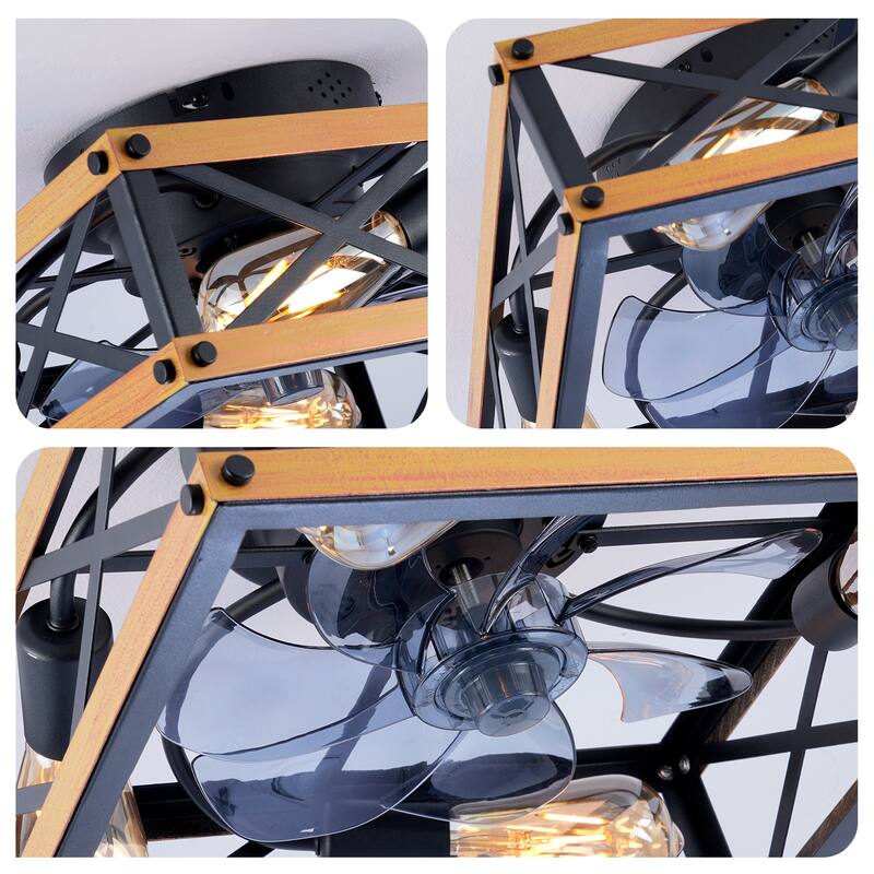 20 inch Flush Mount Ceiling Fan Light with Remote Caged Farmhouse Fandelier Black Wood Low Profile