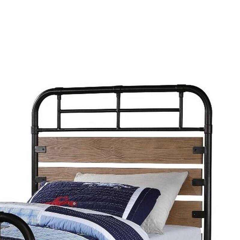 Twin Size Metal Bed Frame with Wood Headboard - Black Brown Slat Support Bed