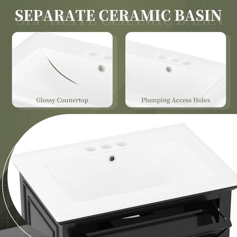 Roomfitters 24" Bathroom Vanity with Sink, Solid Wood Frame, Flip Drawer, 2 Side Drawers & Adjustable Shelf