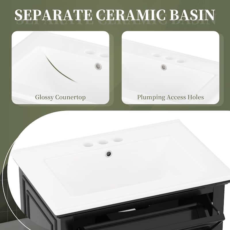 Rossetta Modern Wooden Convenient Flip Drawer Design Freestanding Bathroom Vanity Cabinet with Adjustable Shelf, Easy Assembly