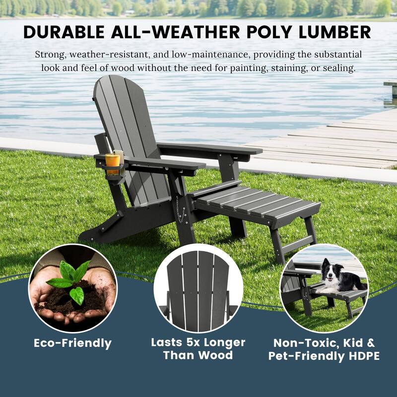 Laguna Outdoor Folding Adjustable Adirondack Chair with Cup Holder & Hideaway Ottoman