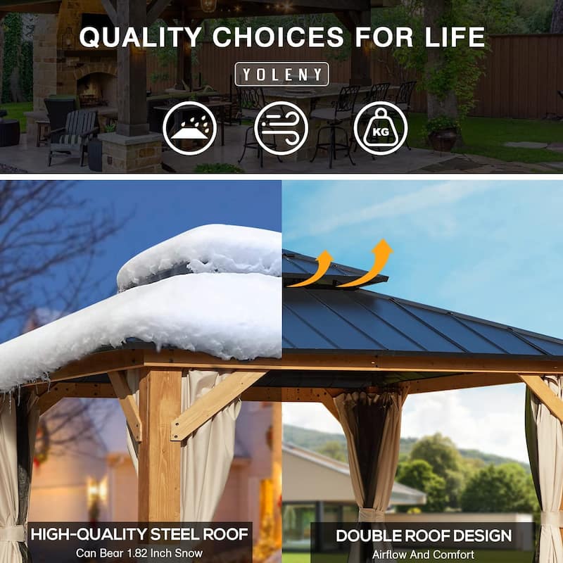 Cedar Wood Gazebo for Outdoors - Hardtop Waterproof Backyard Pergola, Natural Wood Patio Cover with Easy Assembly