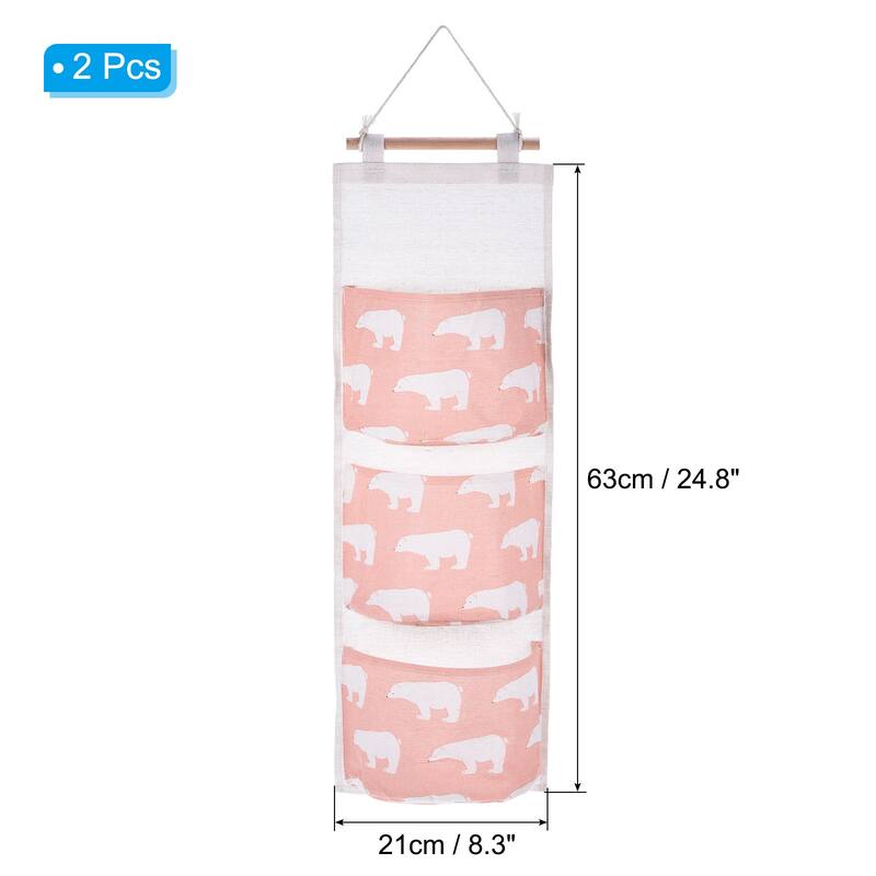 2Pcs 3 Pockets Cotton Door Hanging Storage Bags Organizer Bear Pattern - Pink