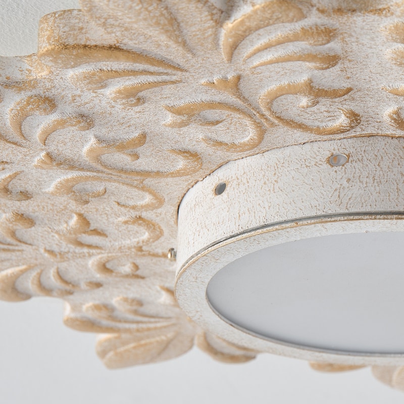 Boho 21.6-Inch Distressed White Wood Flush Mount Ceiling Light, 3CCT Dimmable - 21.6 in. D x 21.6 in. W x 3 in. H