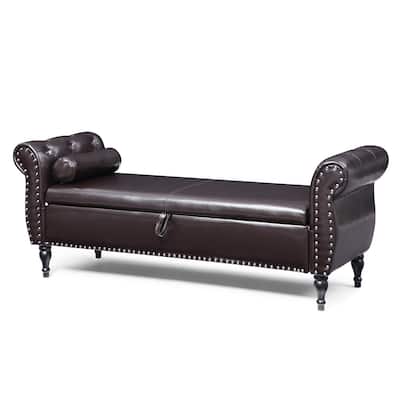 Brown PU Leather End of Bed Bench with Safety Hinge Storage