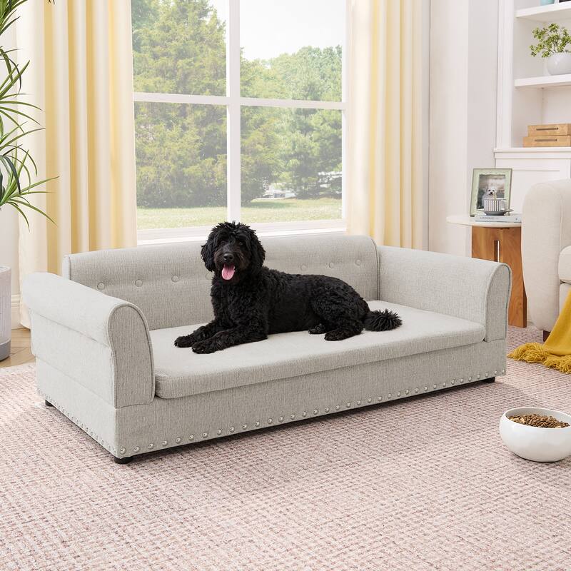 Oversized Pet Sofa, Elegant Modern Linen Fabric Elevated Dog Sofa Bed, Oversized Rectangular Pet Bed with Backrest & Armrest