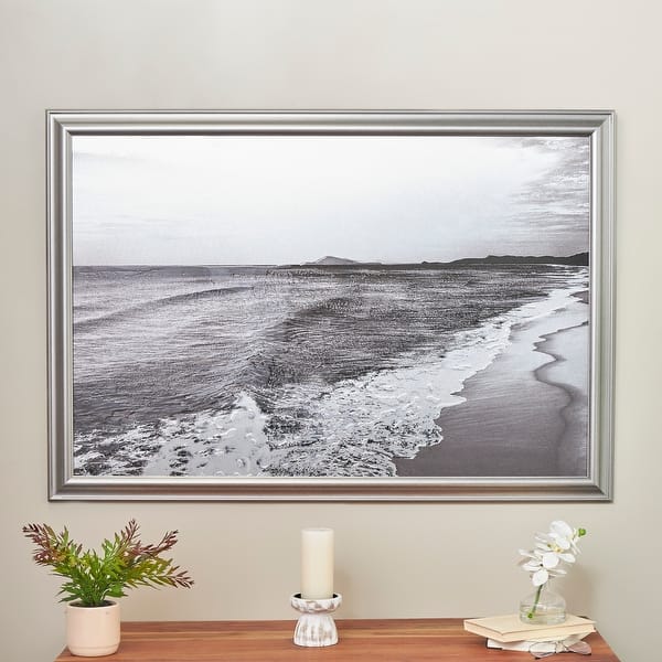 slide 2 of 8, Silver Canvas Textured Ocean Landscape Living Room Framed Wall Art with Black and White Accents Silver