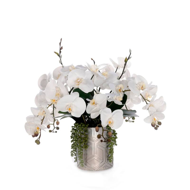 Real Touch White Orchids Flower Arrangement in Silver Vase