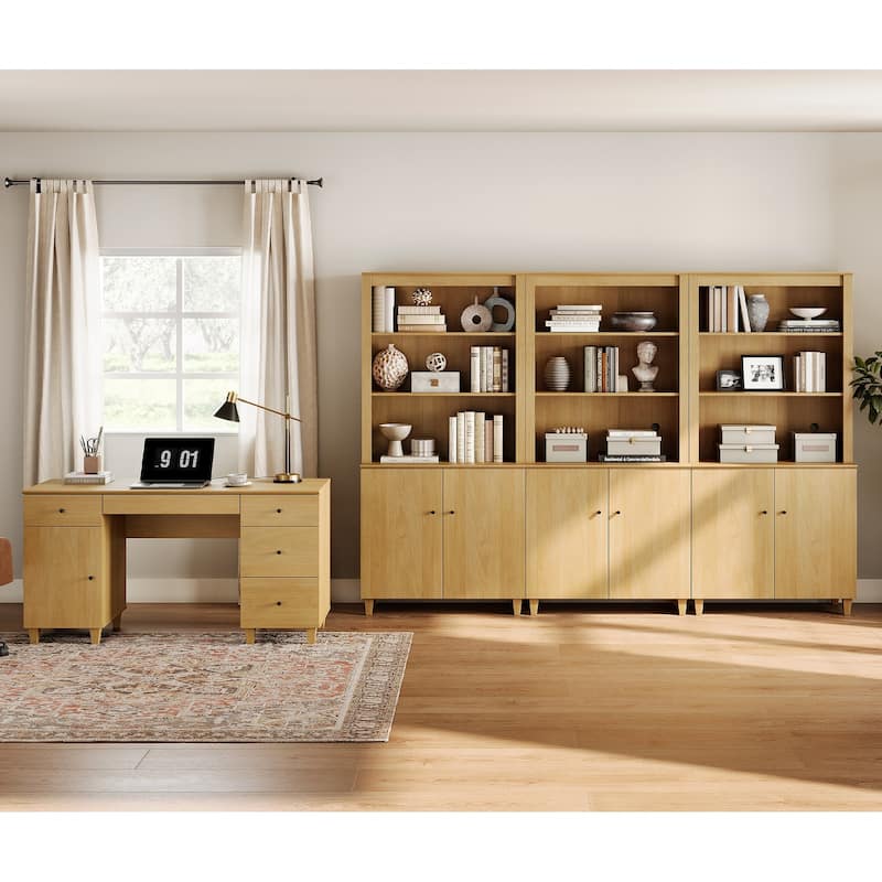 WAMPAT Home Office Furniture Set, 58" Executive Desk with Cabinet, 3-Column 71" Tall Bookcase with Doors and Adjustable Shelves