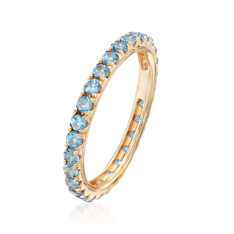 14K Yellow Gold Swiss Blue Topaz Gemstone Eternity Band Rings