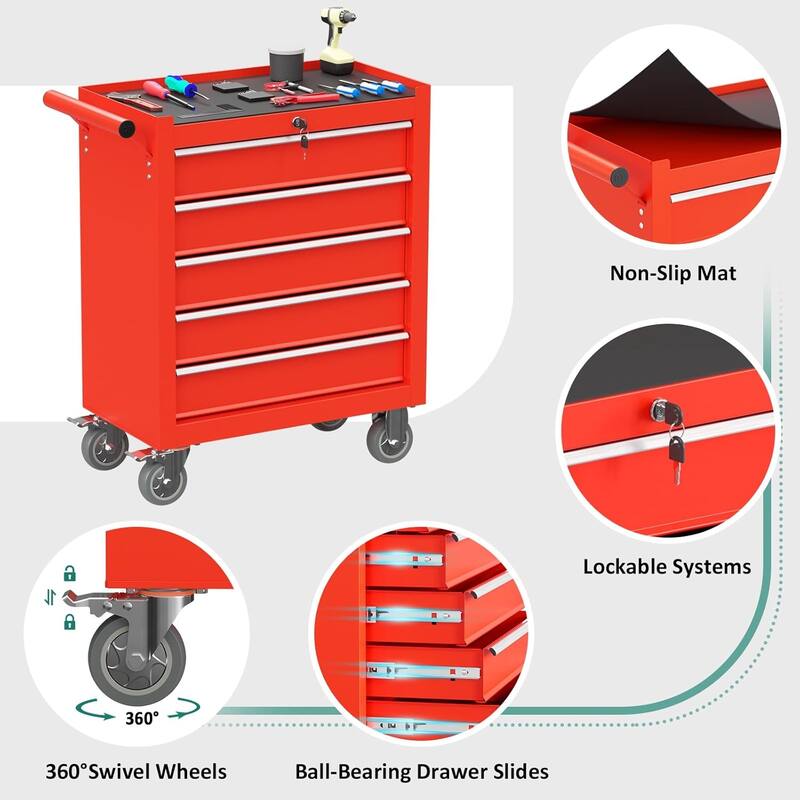5-Drawer Rolling Tool Chest Storage Cabinet with Wheels