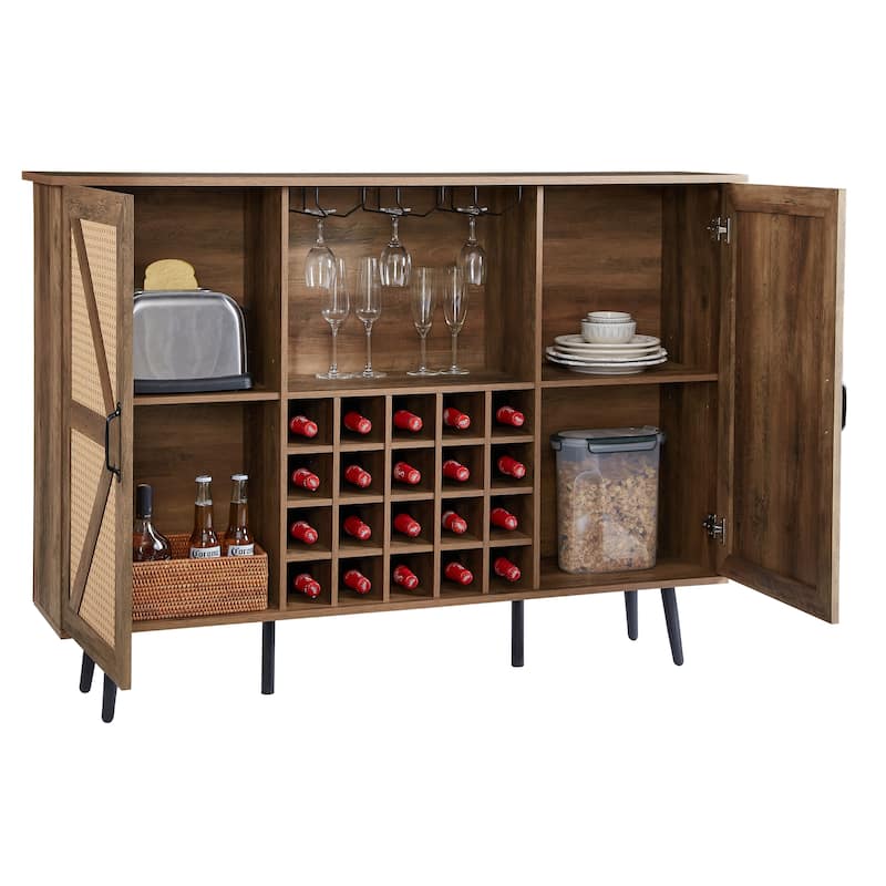 Faux Rattan Barn Door Wine Cabinet with Wine Rack and Wine Glass Rack, Double Door Design with Removable Shelves