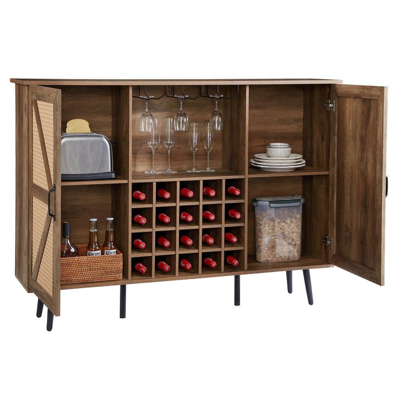 Rattan Barn Door Wine Cabinet with Wine Rack and Wine Glass Rack, Double Door Buffet Cabinet with Removable Shelves