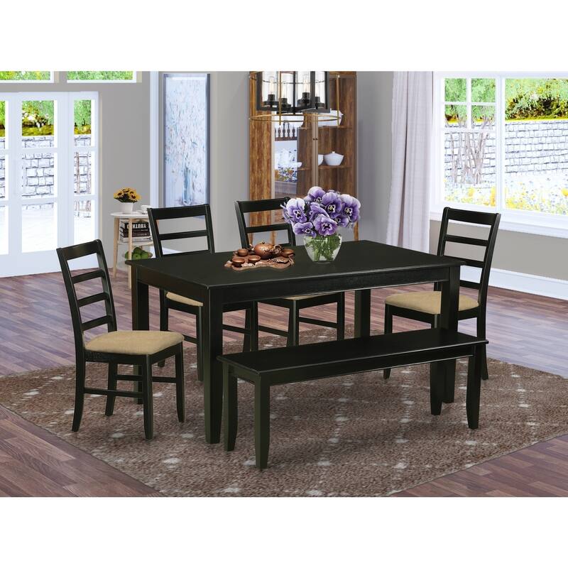 French Country Dining Set - Table & 6 Chairs - Kitchen Table Set - Black Linen Fabric - 36x60 Inch