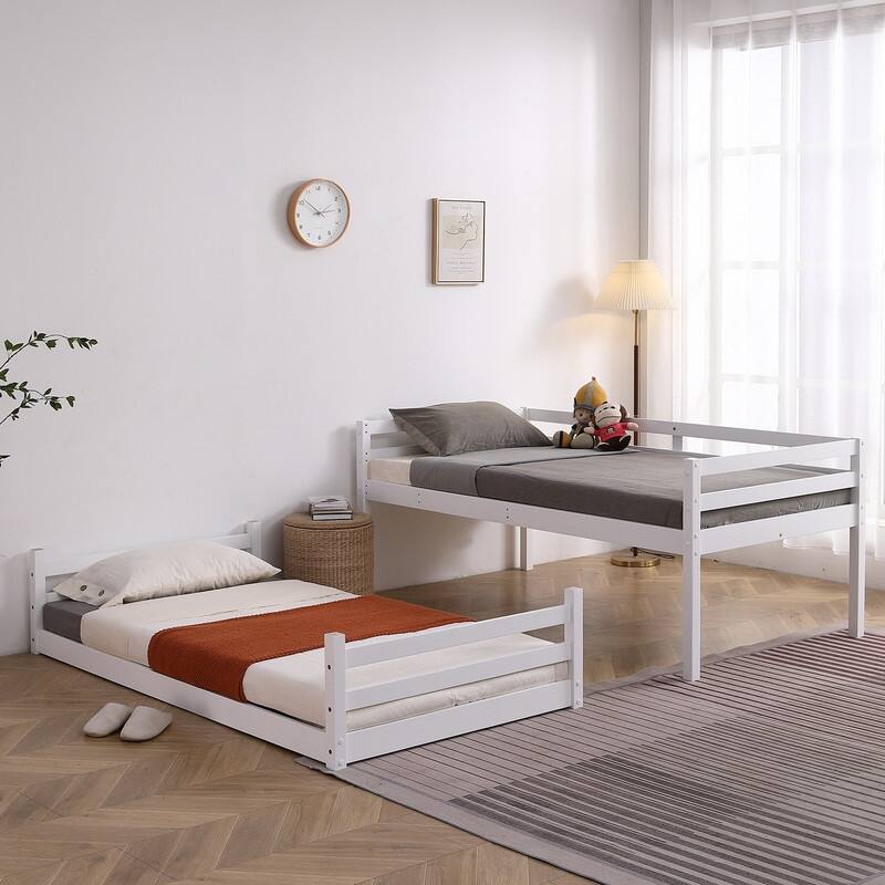 FCH White Twin Solid Wood Bunk Bed with Ladder