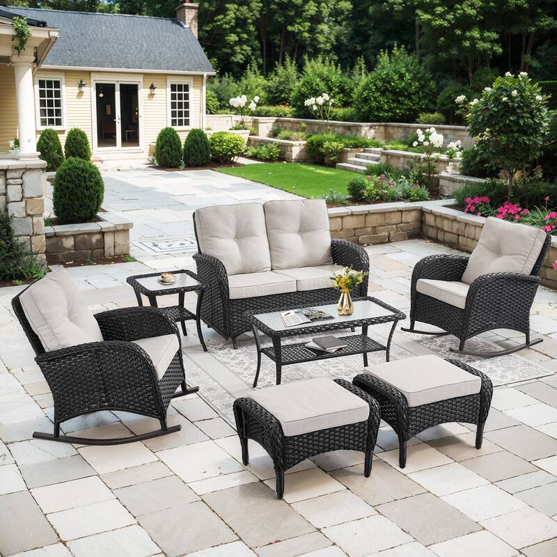 Outdoor Glider Sofa Rocker Chairs Ottomans Table - Black - Beige