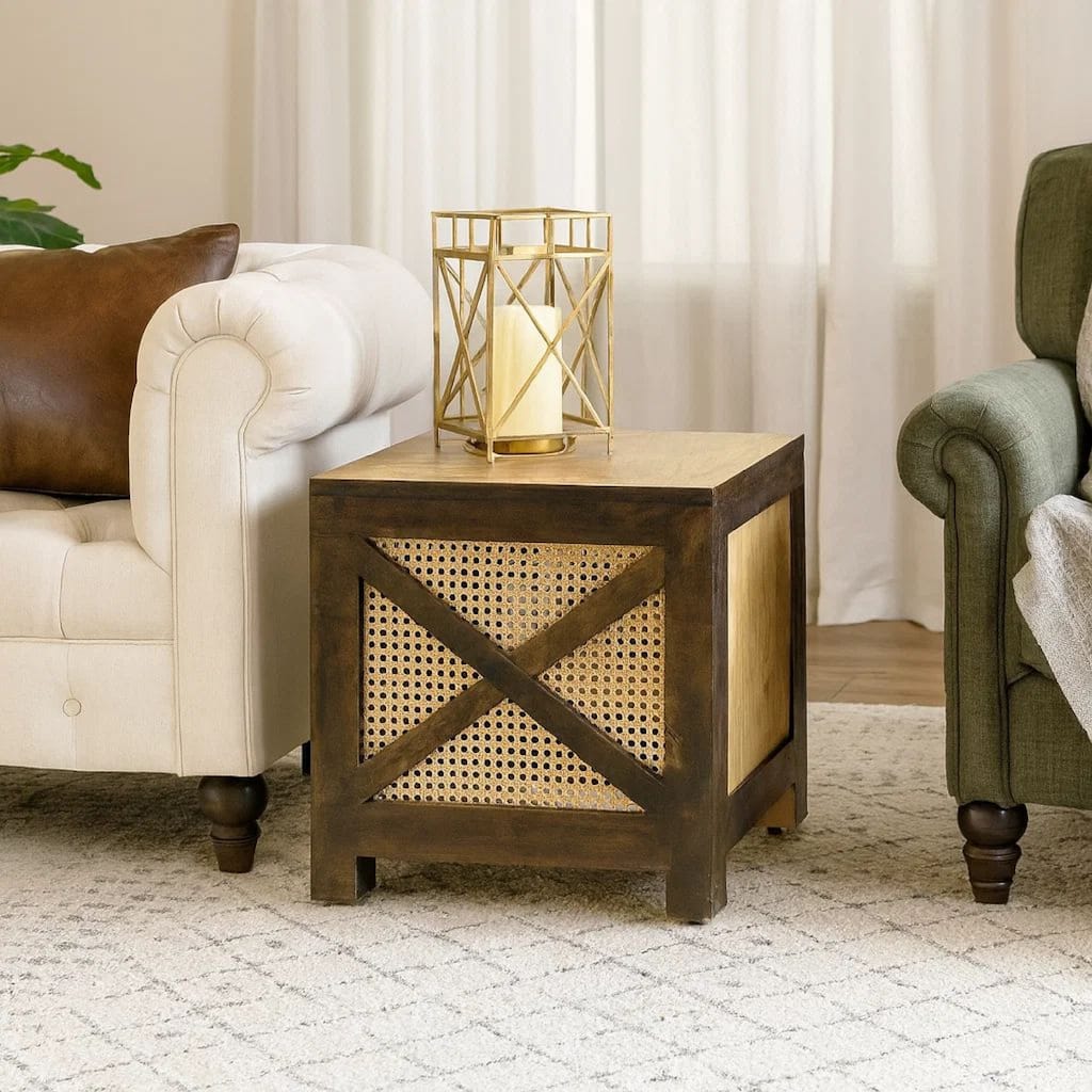 Accent Ottoman Table, 16 Inch Square, Boho Style, Cane Wicker