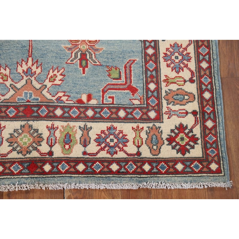 Light Blue Geometric Kazak Oriental Accent Rug Handmade Wool Carpet - 3'10" x 6'5"