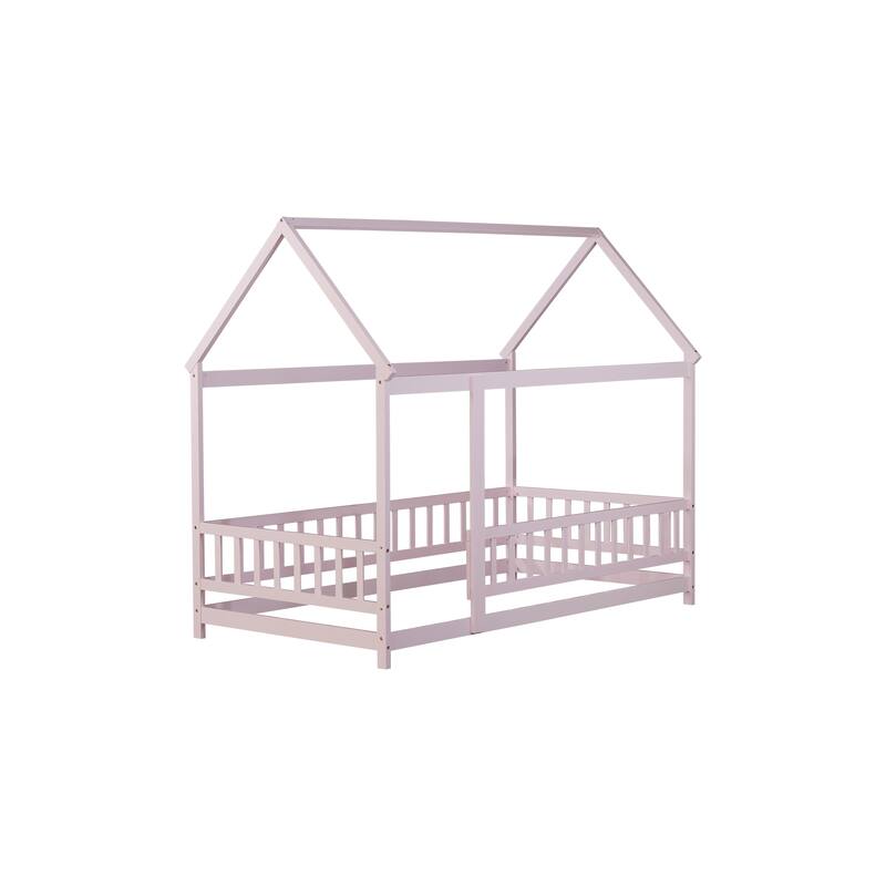 Twin Size Wooden Floor Bed with Roof Frame and Safety Guardrails, Pink