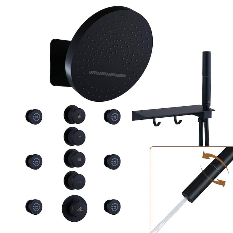 CASAINC Thermostatic 4 Functions 12 inch Rainfall Showerhead with Handheld Spray & 6 Body Jets Set Rain Shower System